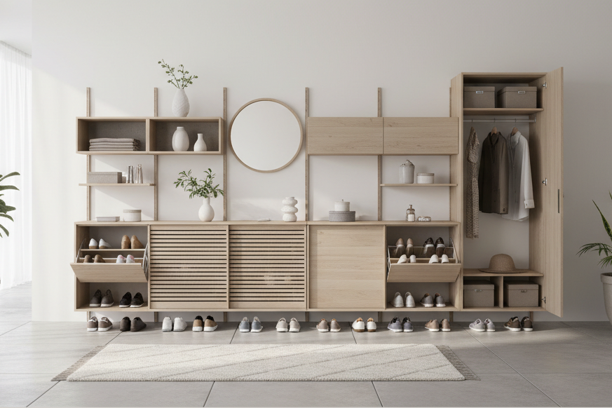 Modern shoe cabinet and storage furniture showcase, clean Scandinavian interior, soft neutral tones, light wood textures, minimalistic styling, professional catalog look, soft daylight, clutter-free layout, elegant home lifestyle, 16:9 wide banner, high detail, 4K

